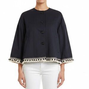 Zara Navy Cotton Pom Pom Embellished Jacket Medium
